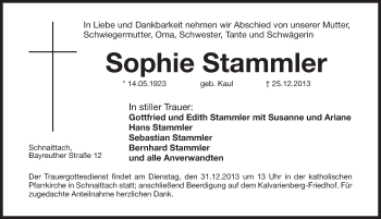 Traueranzeige von Sophie Stammler von Pegnitz-Zeitung